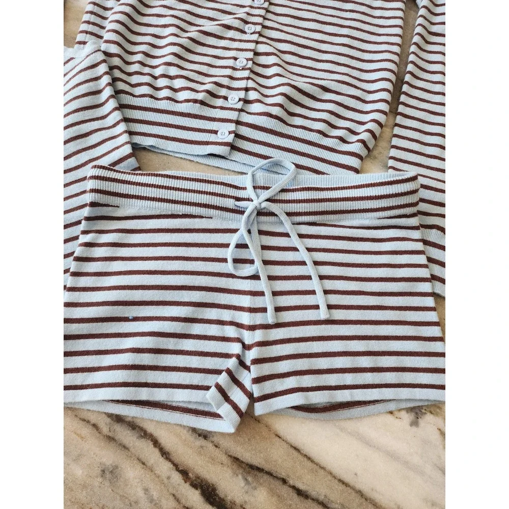 Edikted Women Blue Brown Striped 3 Piece Knit Set Cardigan Tank Shorts XS S